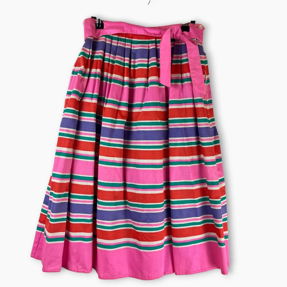 Malia Vintage Cotton Striped Pleated Midi Skirt Pink Red Purple Green Sz 8 Belt